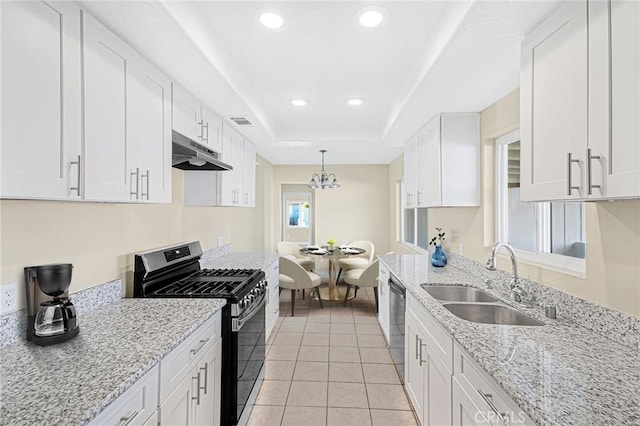 kitchen with a raised ceiling, appliances with stainless steel finishes, white cabinets, a sink, and under cabinet range hood