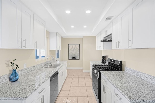 kitchen with dishwashing machine, a tray ceiling, under cabinet range hood, stainless steel range with gas cooktop, and a sink