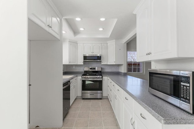 kitchen with stainless steel appliances, a tray ceiling, and white cabinets