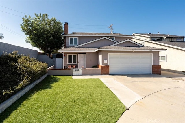 traditional home featuring a front lawn, concrete driveway, a shingled roof, a garage, and a chimney