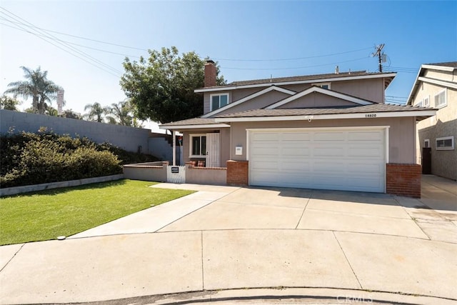 view of front facade featuring concrete driveway, brick siding, an attached garage, and a front lawn