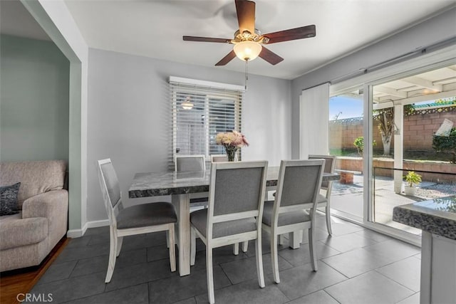 dining space featuring ceiling fan, baseboards, and tile patterned floors