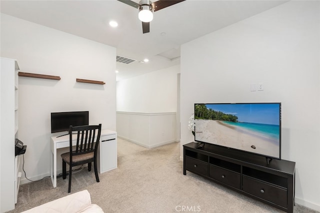 carpeted office space featuring baseboards, attic access, visible vents, and recessed lighting