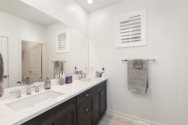 full bathroom featuring double vanity, wood finished floors, a sink, and baseboards