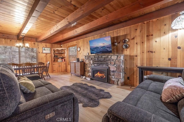 living area with beamed ceiling, a fireplace, wood finished floors, and wooden walls