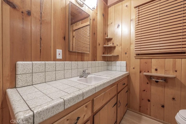 bathroom with toilet, wooden walls, and vanity