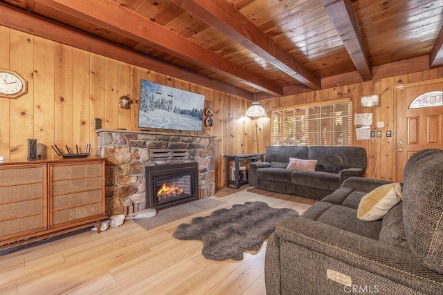 living area with wood walls, a wealth of natural light, and wood finished floors