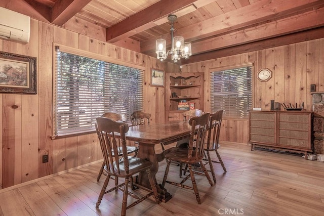 dining space with a chandelier, beam ceiling, wooden walls, and light wood finished floors