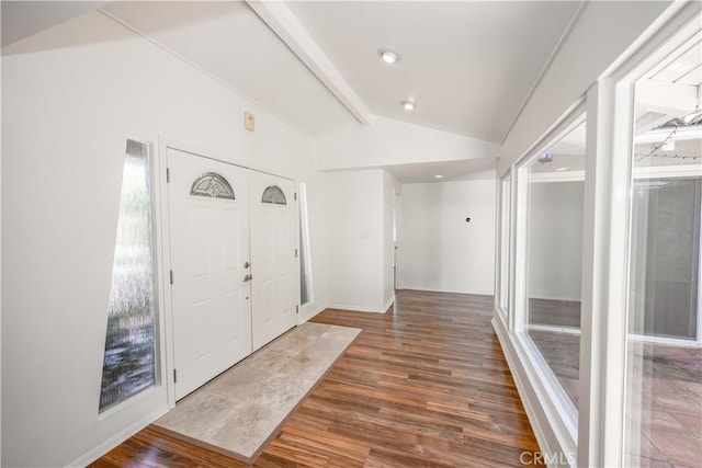 entryway featuring lofted ceiling with beams and wood finished floors