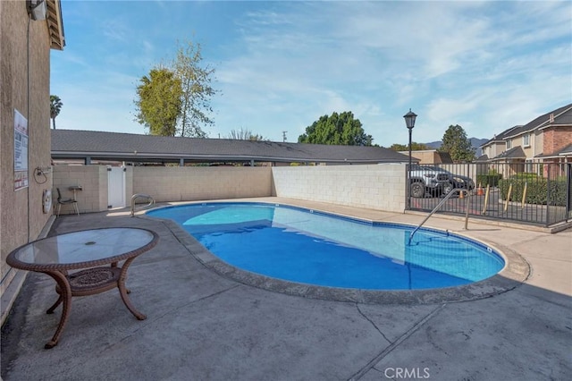 community pool featuring a fenced backyard and a patio