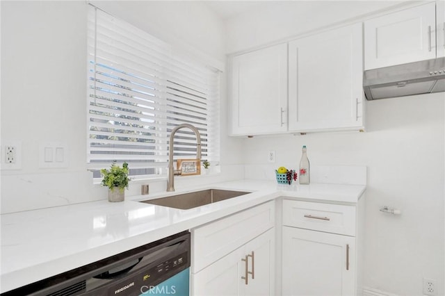 kitchen featuring dishwasher, a sink, white cabinetry, and under cabinet range hood