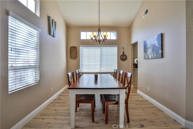 dining area with light wood-style floors, visible vents, baseboards, and an inviting chandelier