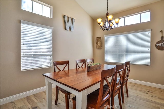 dining space with lofted ceiling, light wood finished floors, and baseboards