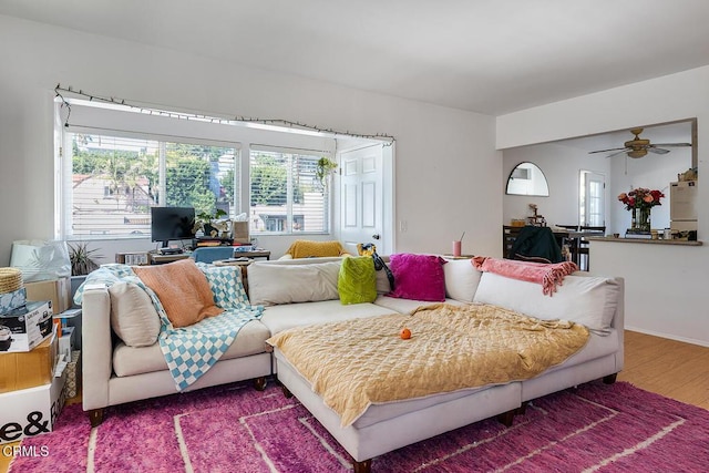 living area featuring ceiling fan and wood finished floors