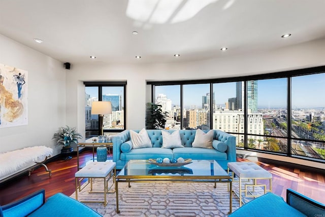 living area with a view of city, plenty of natural light, recessed lighting, and wood finished floors