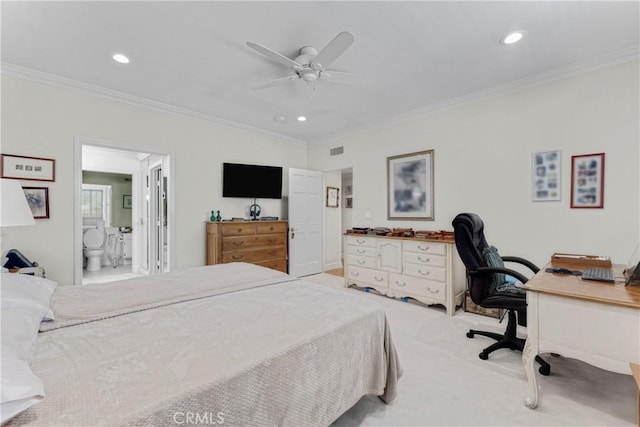 bedroom with carpet floors, crown molding, recessed lighting, ensuite bathroom, and ceiling fan