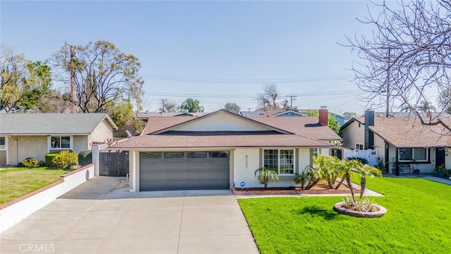 single story home featuring stucco siding, concrete driveway, an attached garage, fence, and a front lawn