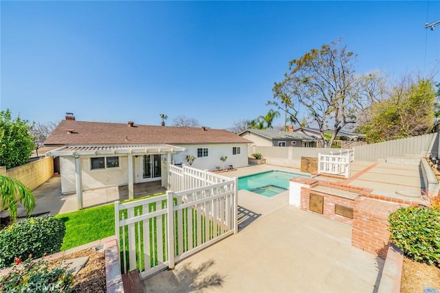 view of pool featuring a patio, a fenced backyard, a fenced in pool, and a pergola