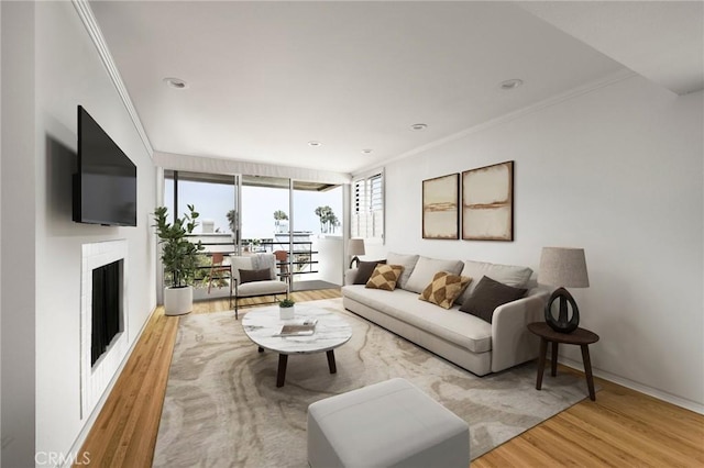 living area featuring a fireplace, wood finished floors, and ornamental molding