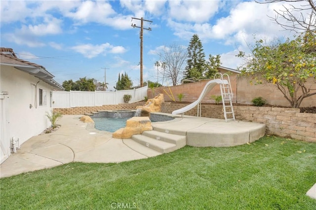 view of yard featuring a patio area, a fenced backyard, and a fenced in pool