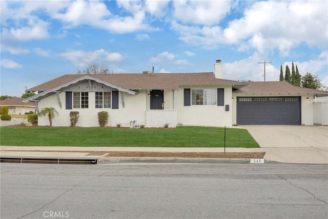 ranch-style house featuring a garage, driveway, a front lawn, and stucco siding