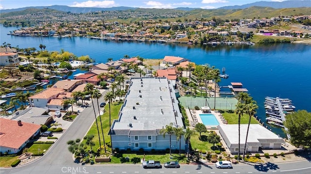 aerial view featuring a residential view and a water and mountain view