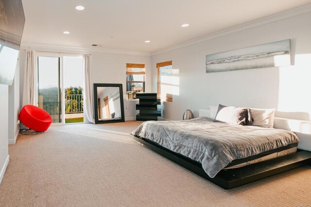 bedroom with baseboards, ornamental molding, carpet, and recessed lighting