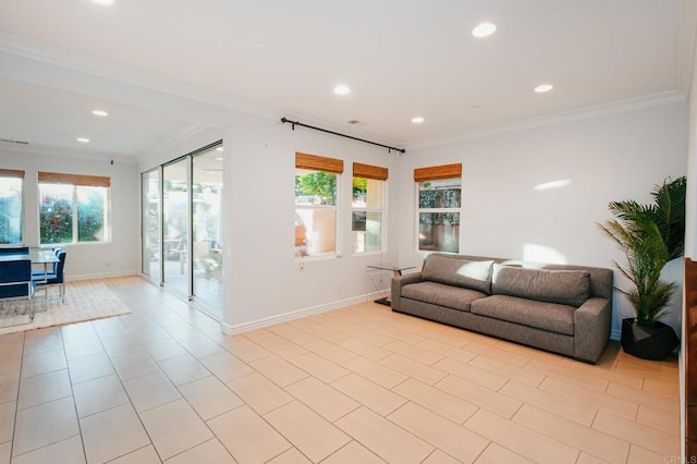 living room with light tile patterned floors, baseboards, crown molding, and recessed lighting