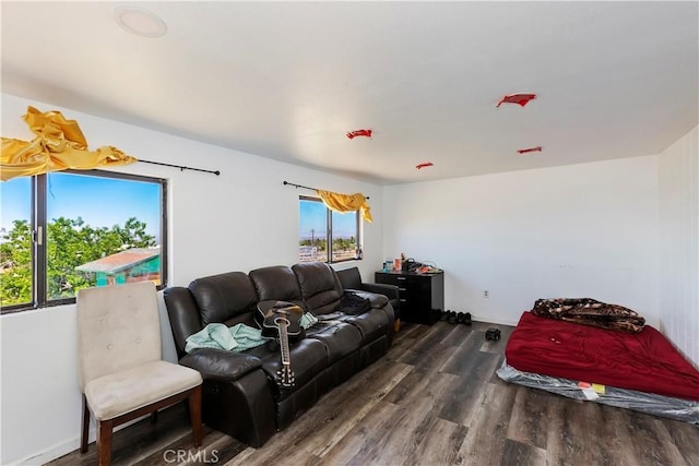 living area with baseboards and wood finished floors