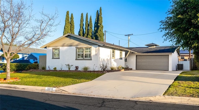 ranch-style house with a front lawn, a garage, driveway, and stucco siding