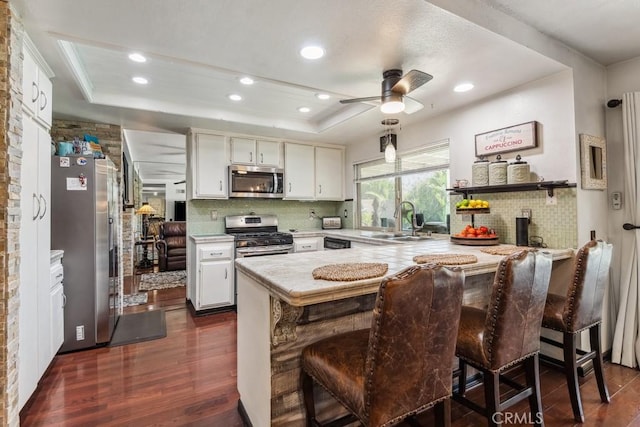 kitchen featuring stainless steel appliances, a raised ceiling, light countertops, a sink, and a peninsula