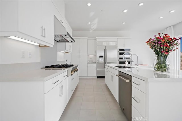 kitchen with stainless steel appliances, light countertops, white cabinets, a sink, and under cabinet range hood