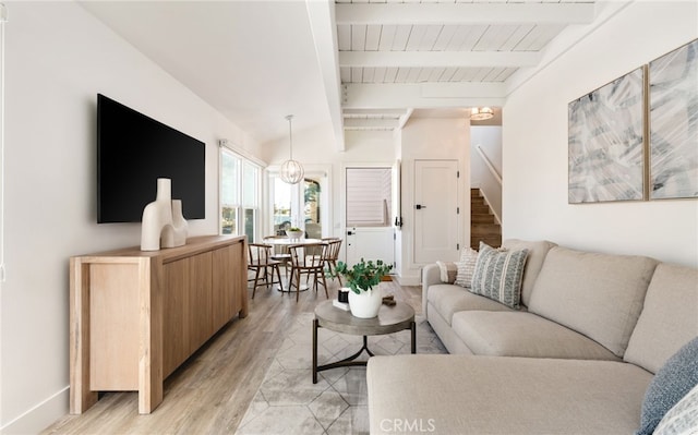207 E Edgewater Ave Unit A, Newport Beach, CA 92661 - living area featuring lofted ceiling with beams, light wood-style flooring, baseboards, stairs, and wood ceiling