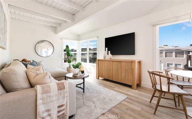 207 E Edgewater Ave Unit A, Newport Beach, CA 92661 - living room with wooden ceiling, baseboards, vaulted ceiling with beams, and light wood-style flooring