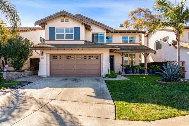 view of front of house with a tile roof, stucco siding, concrete driveway, a garage, and a front lawn