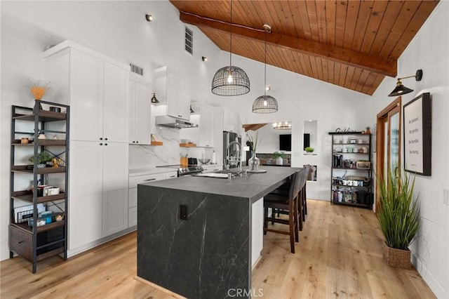 kitchen with under cabinet range hood, a sink, visible vents, electric stove, and dark countertops