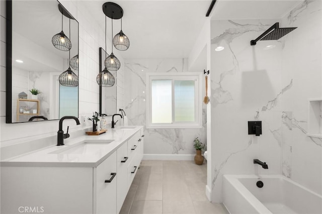 full bath with double vanity, bathtub / shower combination, and a sink