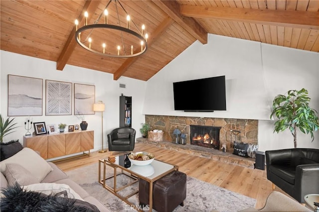 living room with beam ceiling, an inviting chandelier, a stone fireplace, wood finished floors, and wooden ceiling