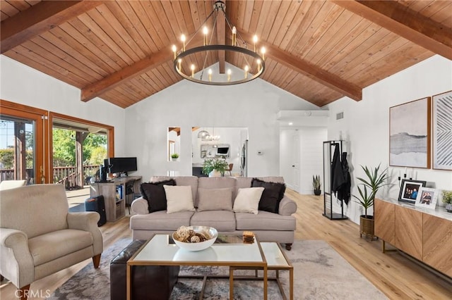 living area featuring a notable chandelier, light wood finished floors, visible vents, wood ceiling, and beamed ceiling