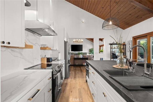 kitchen featuring a sink, wood ceiling, white cabinetry, light wood-style floors, and appliances with stainless steel finishes