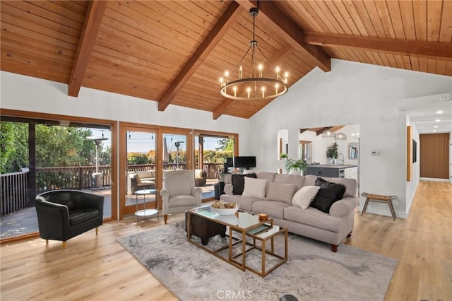 living area featuring wood ceiling, wood finished floors, beam ceiling, high vaulted ceiling, and a notable chandelier