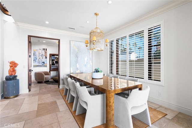 dining room with recessed lighting, visible vents, an inviting chandelier, ornamental molding, and baseboards