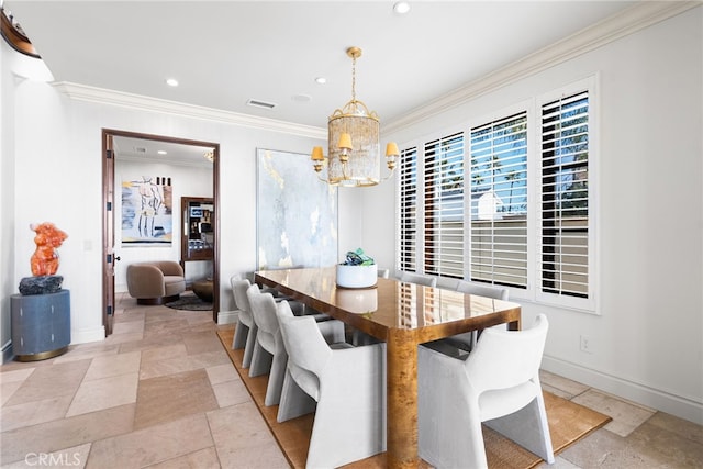 dining space with a chandelier, visible vents, crown molding, and baseboards