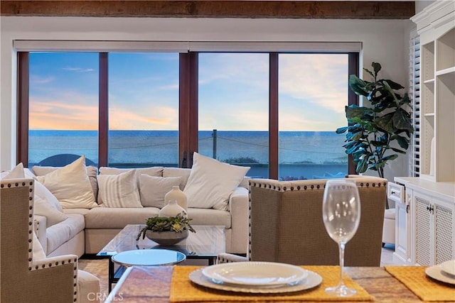 living room featuring a water view