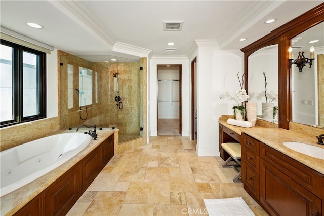 full bath with vanity, visible vents, a shower stall, a tub with jets, and crown molding