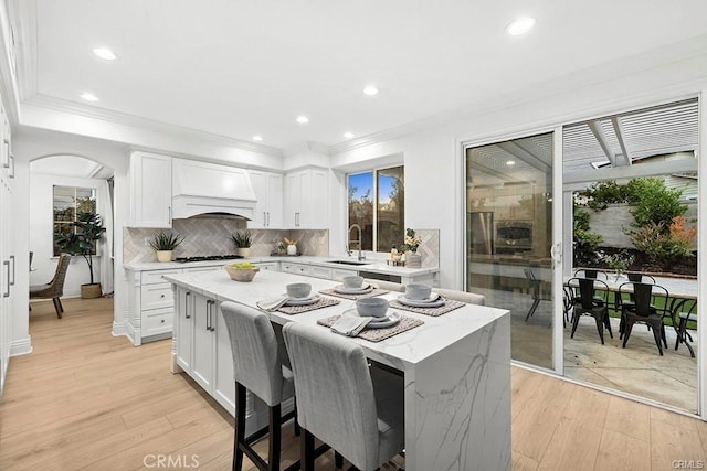 kitchen with a sink, light wood finished floors, custom exhaust hood, and white cabinets