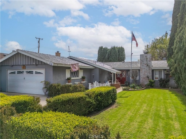 ranch-style house featuring a garage, a chimney, board and batten siding, and a front yard