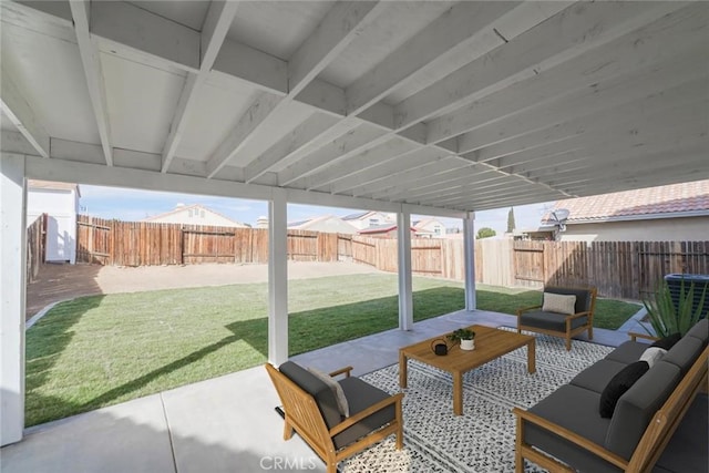 view of patio with a fenced backyard and outdoor lounge area