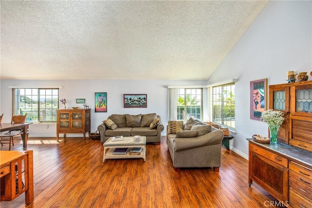 living room featuring dark wood-style floors, baseboards, and a textured ceiling