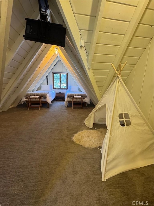 283 Walnut Dr, Lake Arrowhead, CA 92352 - bedroom featuring lofted ceiling, carpet, and wooden ceiling